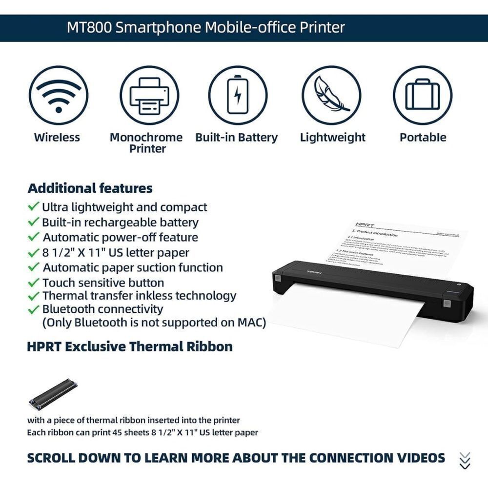 HPRT Wireless Bluetooth Portable Printer+Case+Ribbon 3 in 1 by Thermal Transfer